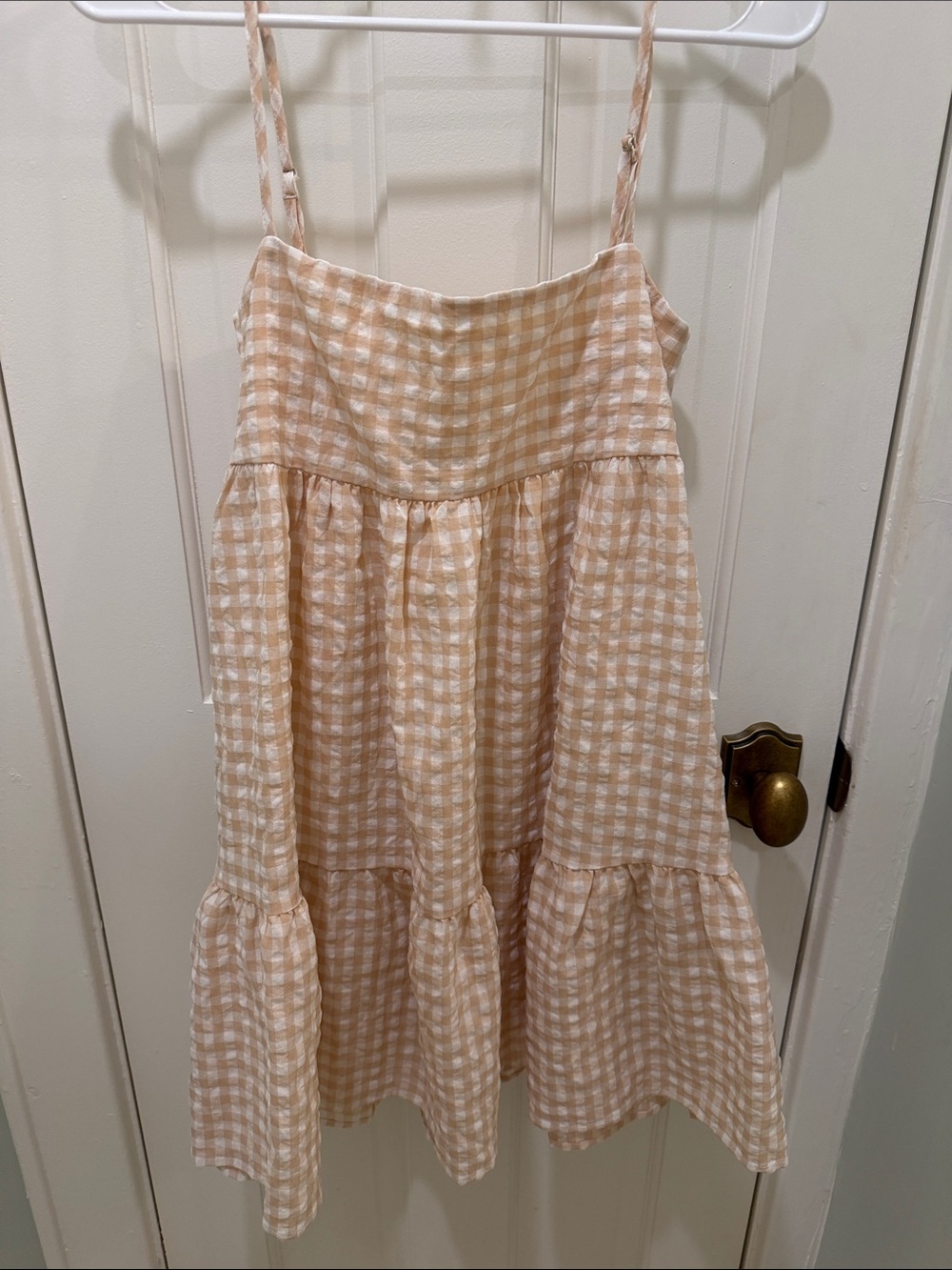 Petal and Pup Gingham Tiered mini dress in Light Peach/beige color